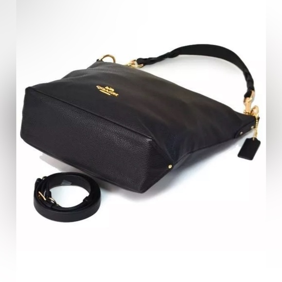 Auth. Coach Duffel Bag Black/gold Pebble Leather Crossbody free key chain - Picture 8 of 10